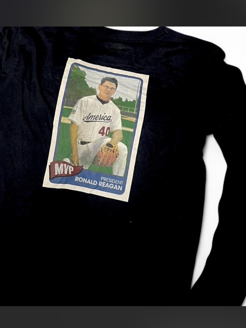 VRG Black long sleeve tee with multicolor Ronald Reagan baseball graphic